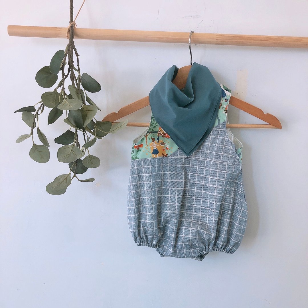 岛森家  / 孩子的大山系列 /包屁服/露营伙伴(灰蓝格纹) - 包屁衣/连体衣 - 棉．麻 绿色