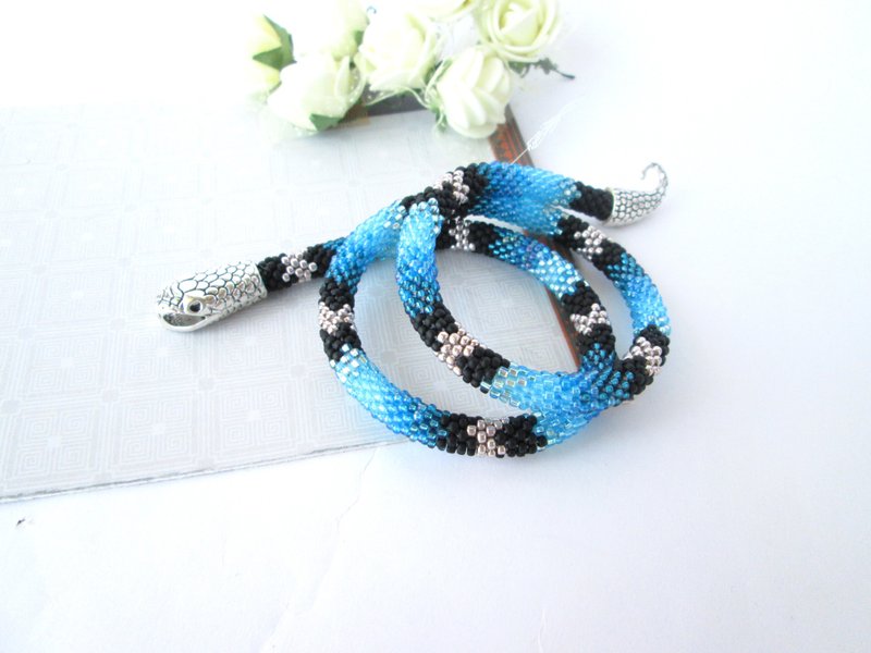 Snake bracelet Aspid Ouroboros jewelry Serpent rope Beaded blue choker necklace - 手链/手环 - 其他材质 蓝色