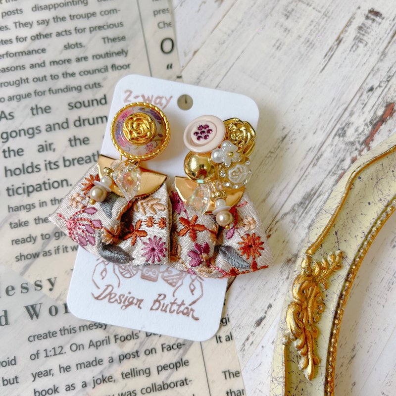 wow Handmade-浪漫蔷薇 刺绣缎带 2way钮扣耳环 - 耳环/耳夹 - 其他材质 