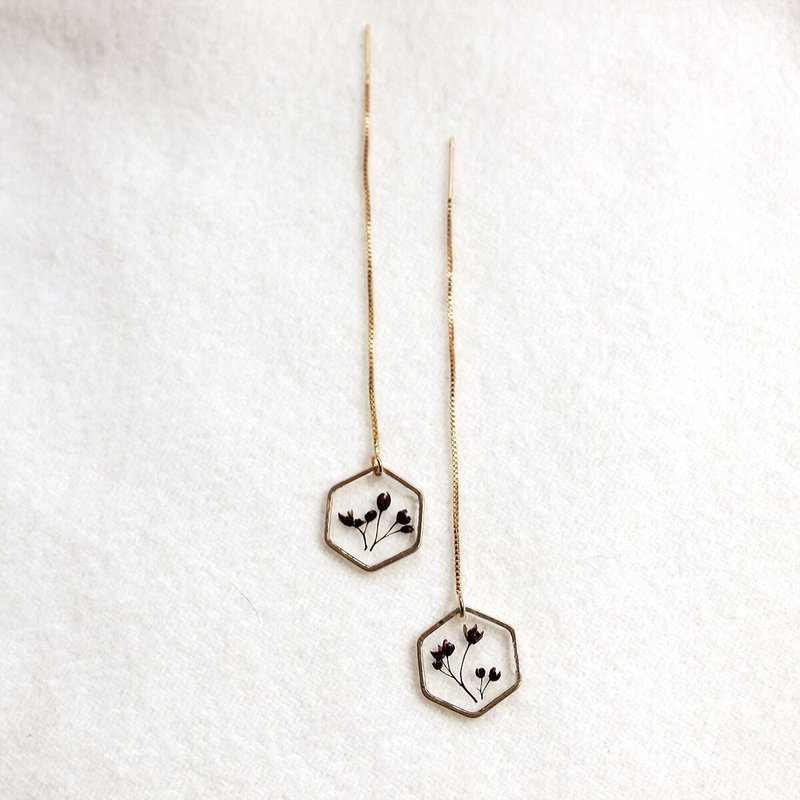 原创设计文艺可爱简约干花树脂纯银耳线 - 耳环/耳夹 - 植物．花 金色