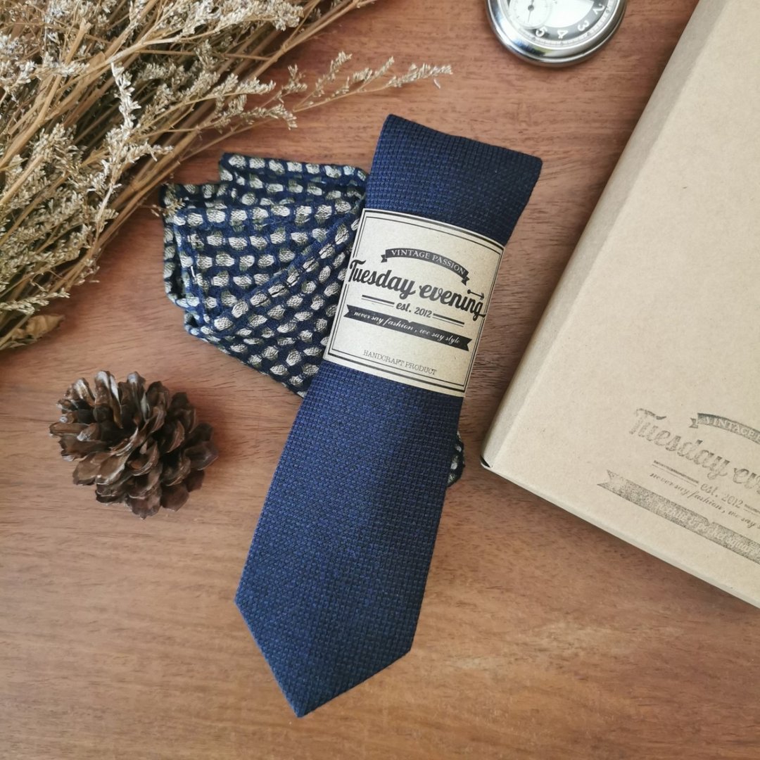 Tie Set - Necktie Navy Cotton Meshwork with Dot texture pocket square - 领带/领带夹 - 棉 蓝色