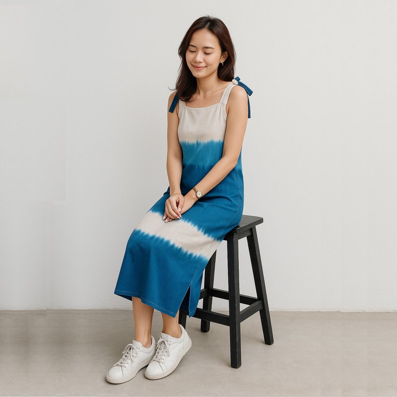 A-line Bow - 靛蓝色扎染迷你连身裙 - 洋装/连衣裙 - 棉．麻 蓝色