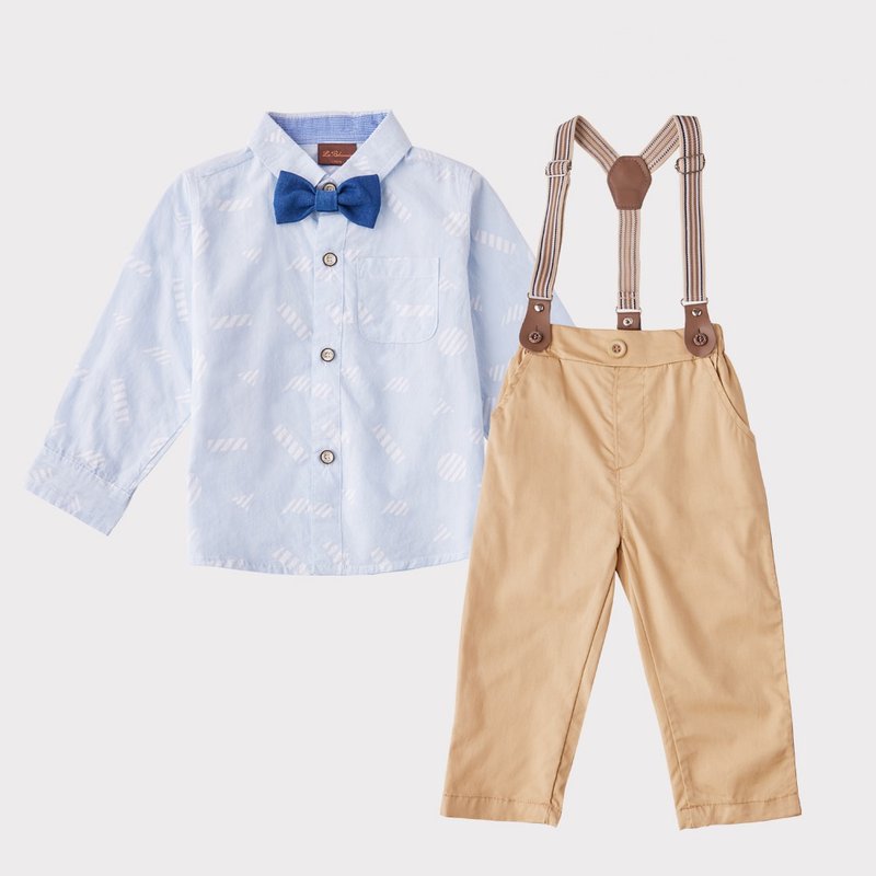 Charles系列蓝色几何长衬衫吊带裤子组 - 童装礼服/连衣裙 - 棉．麻 蓝色