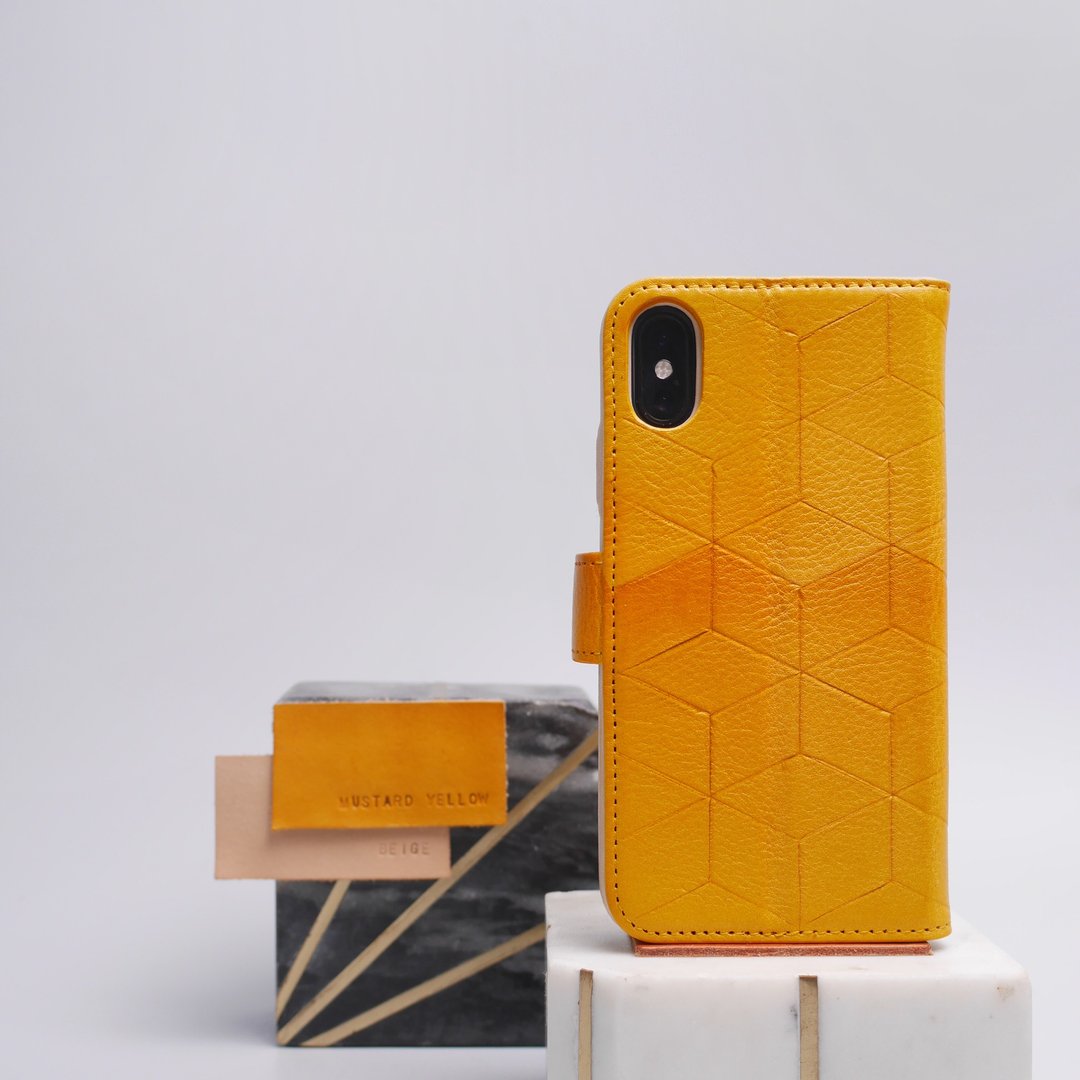 Leather iPhone wallet case for iPhone Xs/X & Xs Max - Hexagon in Mustard Yellow - 手机壳/手机套 - 真皮 黄色