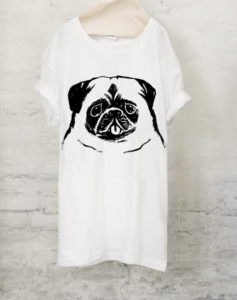 Pug T-shirt Pug T-shirt (White / Gray) 【DOG】 - 男装上衣/T 恤 - 棉．麻 白色