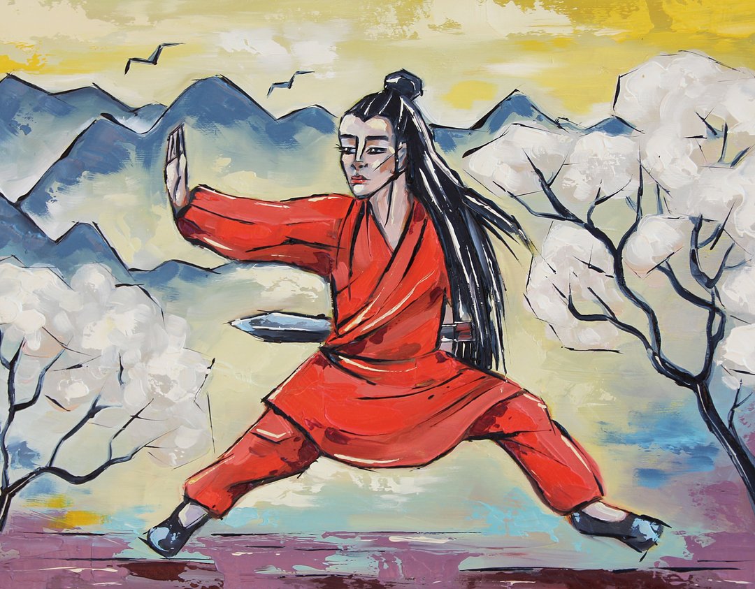 功夫女人画 亚洲原创艺术 武术墙艺术 28 x 36 cm - 海报/装饰画/版画 - 其他材质 红色