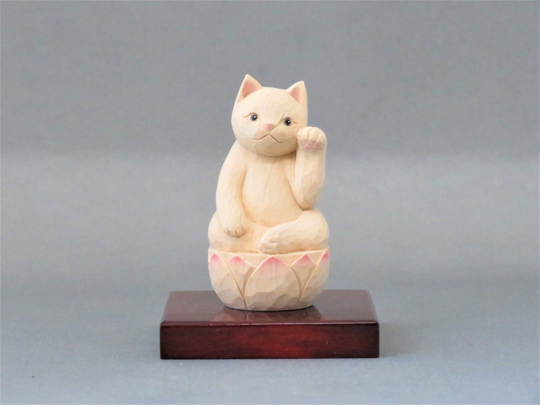 佛系猫咪 左手招财猫 木雕 2004 - 玩偶/公仔 - 木头 白色