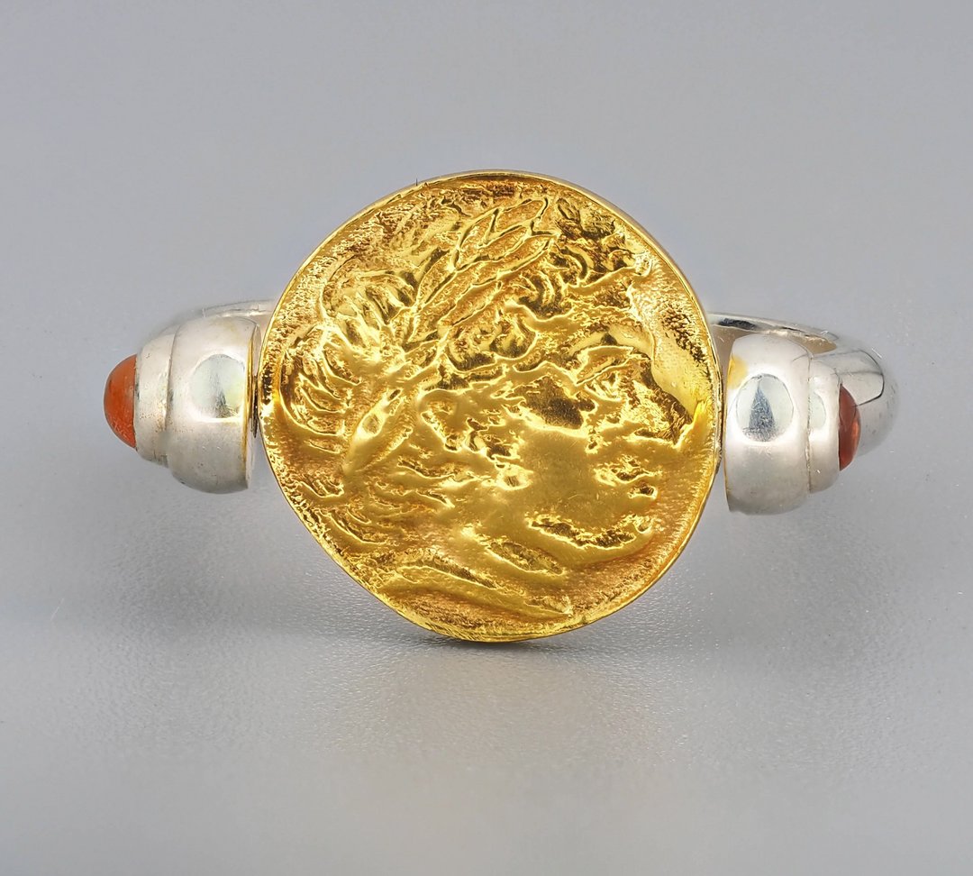 Macedon King Philip II Alexander The Great coin ring with sapphires. - 戒指 - 贵金属 金色