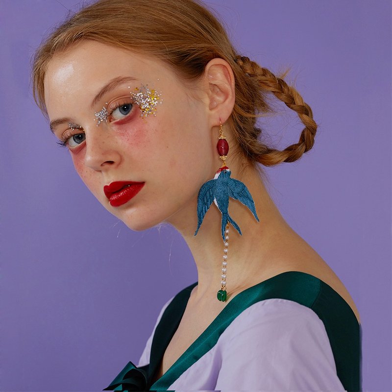 原创小众耳环古风刺绣燕子单只夸张大耳环长款气质耳饰耳夹无耳洞 - 耳环/耳夹 - 绣线 蓝色