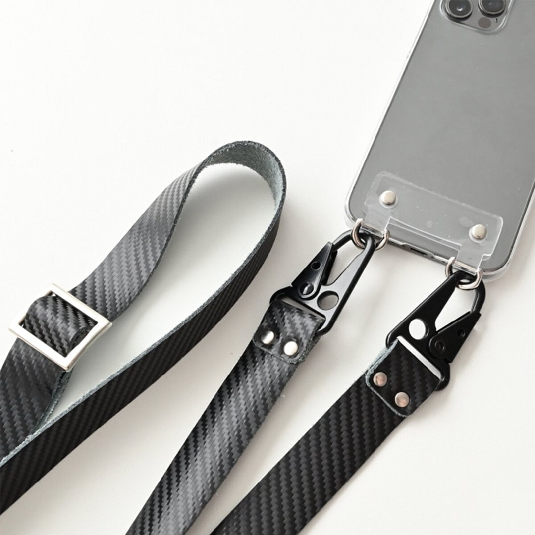 Compatible with all models Android compatible smartphone case with strap PVC tag [clear x carbon leather] men's smartphone shoulder set FL02M - 手机壳/手机套 - 真皮 黑色