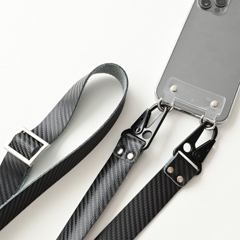 Compatible with all models Android compatible smartphone case with strap PVC tag [clear x carbon leather] men's smartphone shoulder set FL02M - 手机壳/手机套 - 真皮 黑色