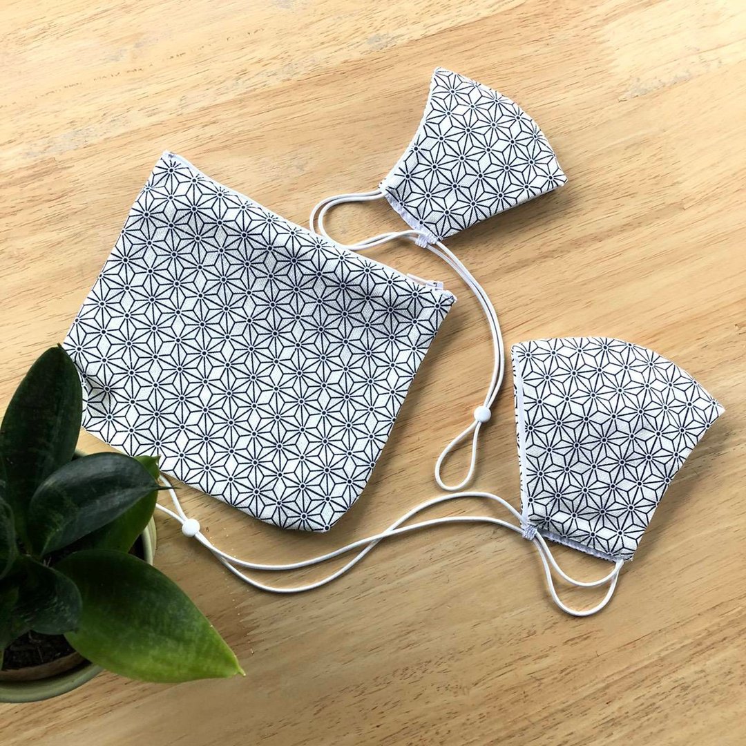 Set Fabric Face mask with adjustable strap and zip lock bag/Asanoka pattern - 口罩 - 棉 白色