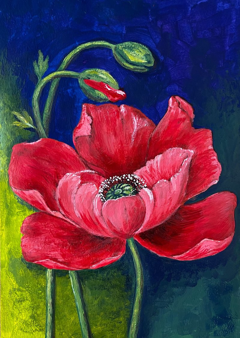 Poppy with buds on purple-lemon background. Painting Gouache - 墙贴/壁贴 - 纸 