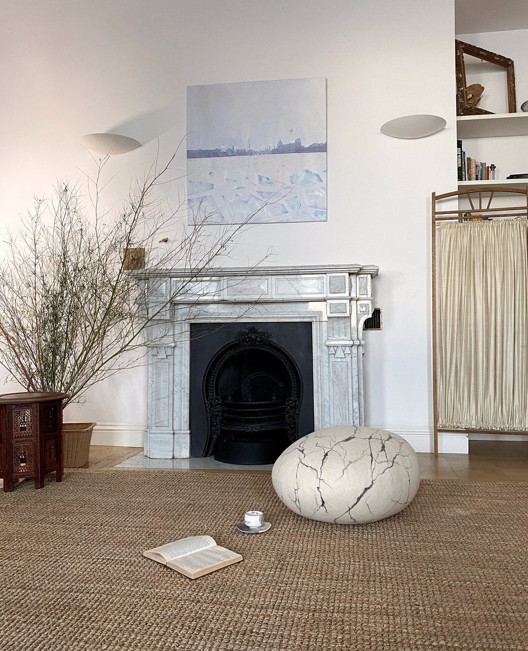 Wool stone pouf ottoman, floor cushion – White marble Model - 枕头/抱枕 - 羊毛 白色