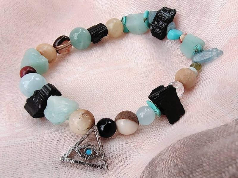 【好运气】深海青龙/龙宫舍利 黑碧玺 亚马逊石 摩根石 绿松石 - 手链/手环 - 宝石 蓝色