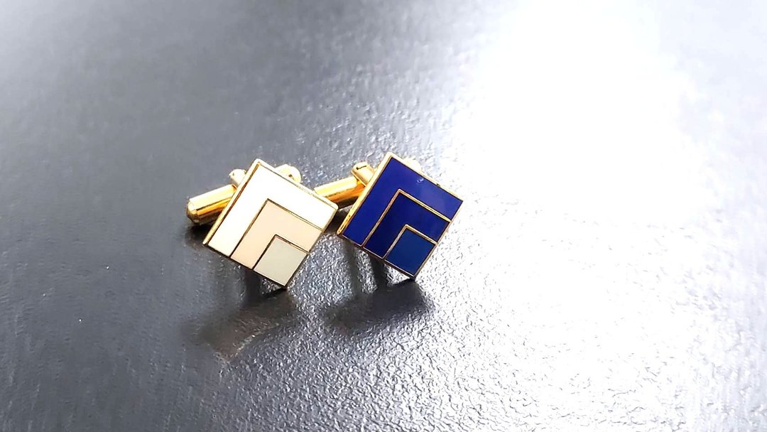 蓝白方形 金属老袖扣 一对 1.3cm 老品全新 功能正常 - 袖扣 - 其他金属 