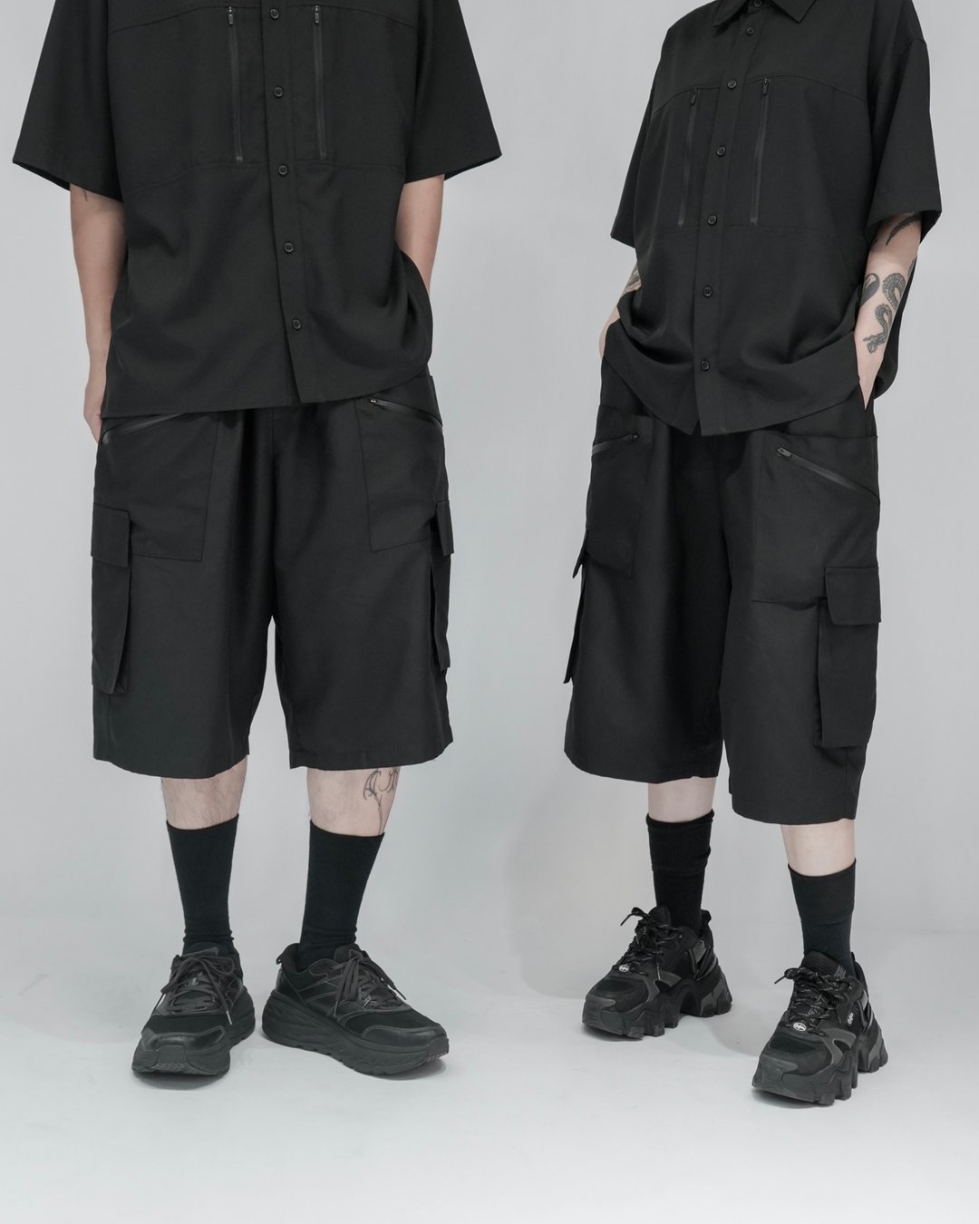 MUKK DESIGN 防水拉链造型五分短裤 - 中性裤装 - 聚酯纤维 黑色