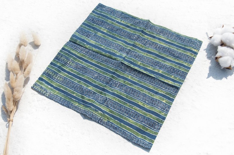 印度手工木刻印方巾 植物染纯棉布 手帕 茶巾领巾手拭巾-蓝染条纹 - 手帕/方巾 - 棉．麻 多色