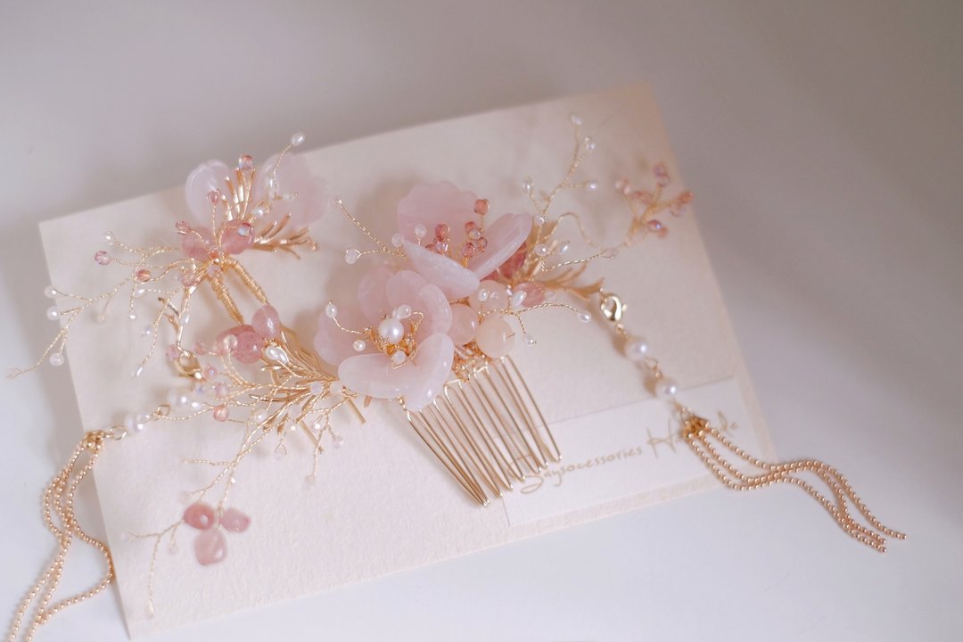 古典琉璃新娘头饰Bridal Headpiece,中式头饰,粉晶头饰,旗袍头饰 - 发饰 - 玉石 粉红色