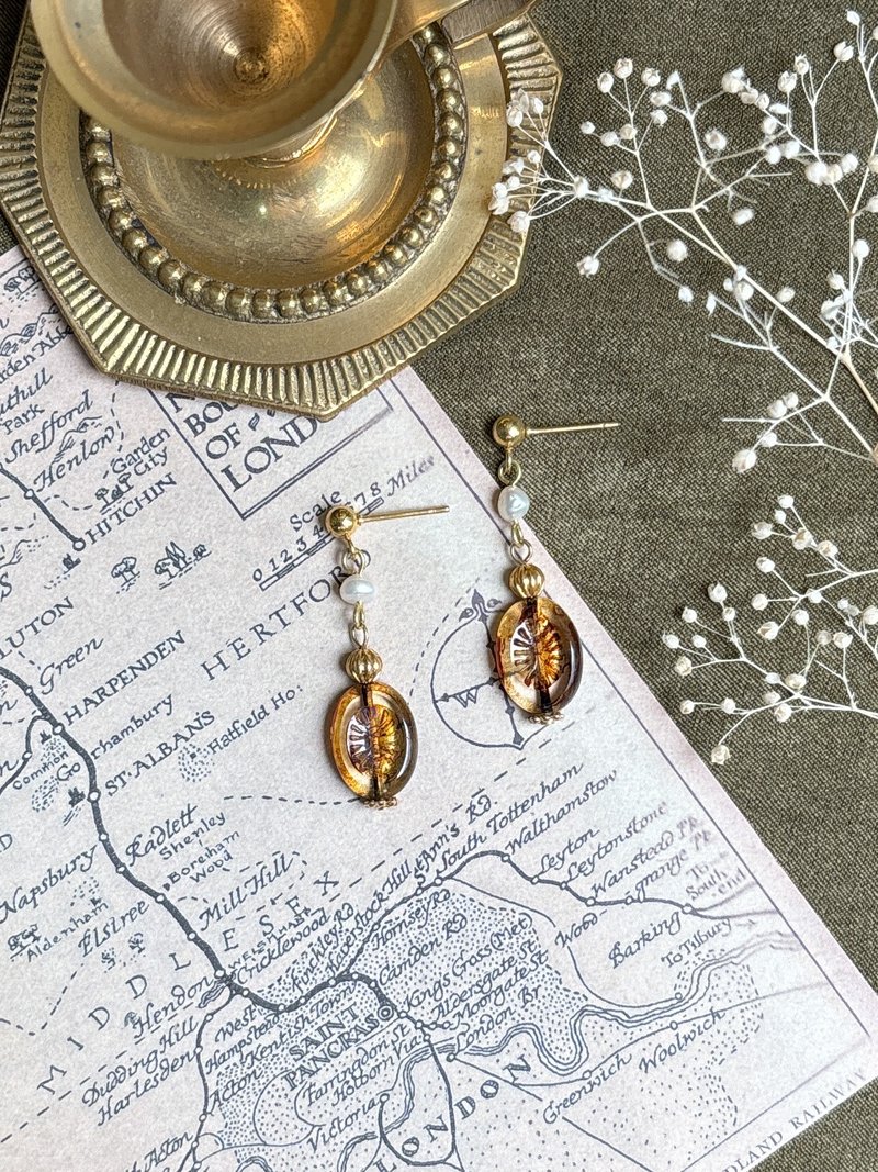 古董椭圆捷克珠-透明咖啡琥珀-贝珍珠耳环 - 耳环/耳夹 - 琉璃 咖啡色