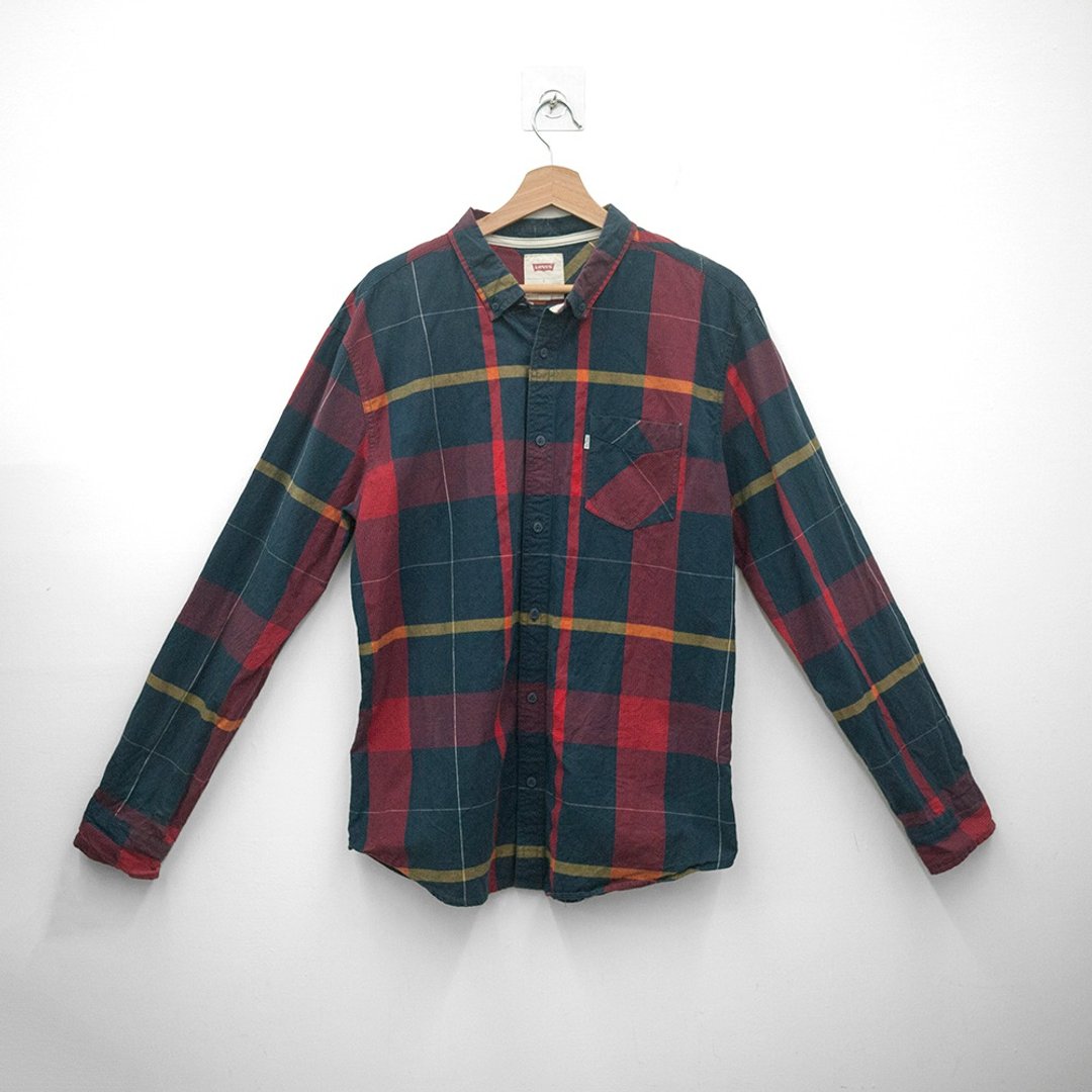 LEVI'S 长袖衬衫 红黑 格纹 二手 古着 - 男装衬衫 - 棉．麻 红色