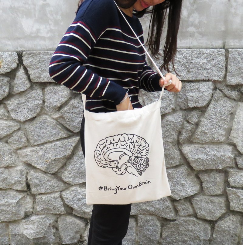 第三代 大脑出街 Bring Your Own Brain / 脑袋 帆布袋 科学 毕业 - 侧背包/斜挎包 - 棉．麻 白色