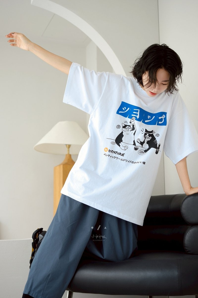 宿醉猫咪宽松TEE - 2色 - 猫咪白 - 女装 T 恤 - 棉．麻 白色