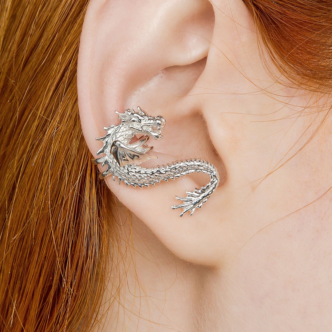 Dragon ear cuff no piercing silver - 耳环/耳夹 - 纯银 银色