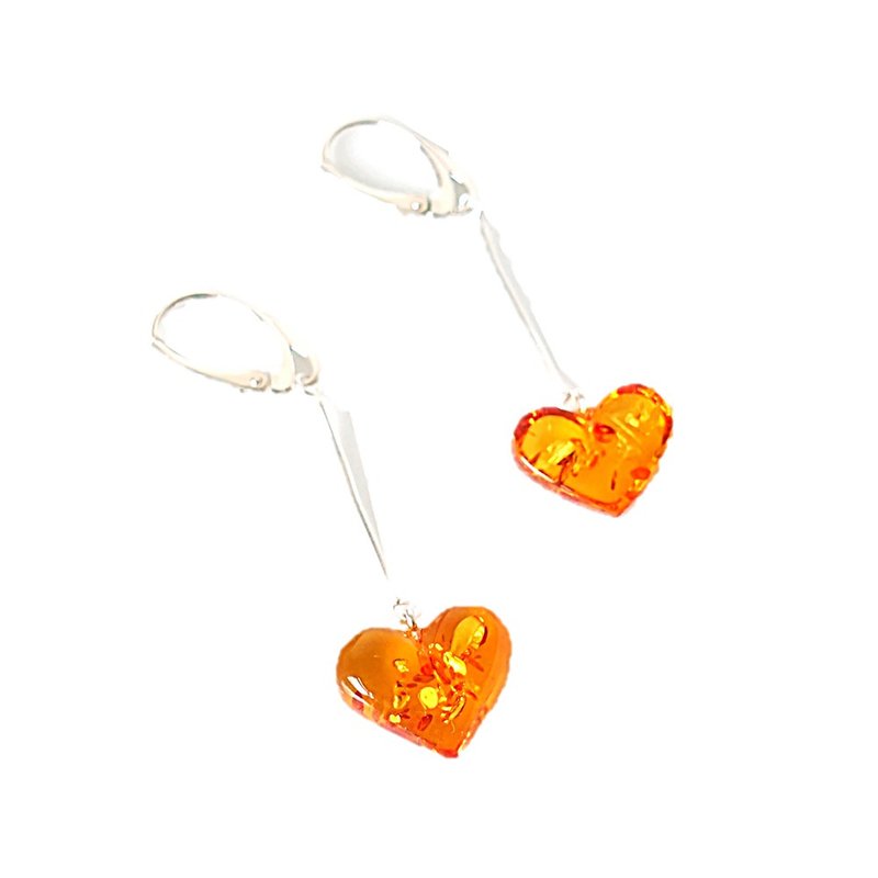 垂坠爱心 天然琥珀耳环 925银 - 耳环/耳夹 - 宝石 橘色