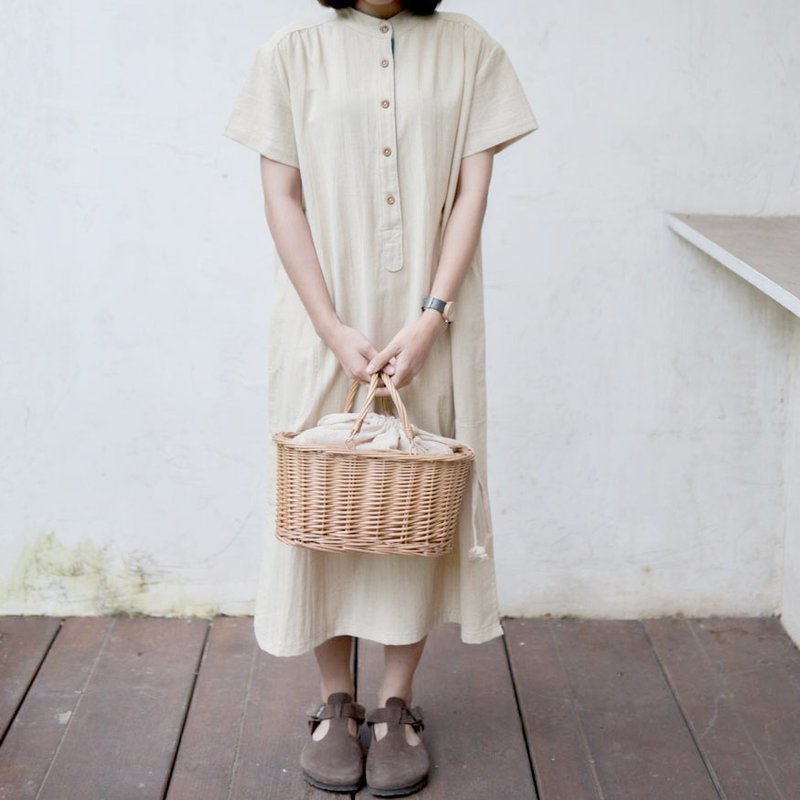 mandarin collar dress | handwoven Thai wood bark dyed dyed cotton | - 洋装/连衣裙 - 棉．麻 白色
