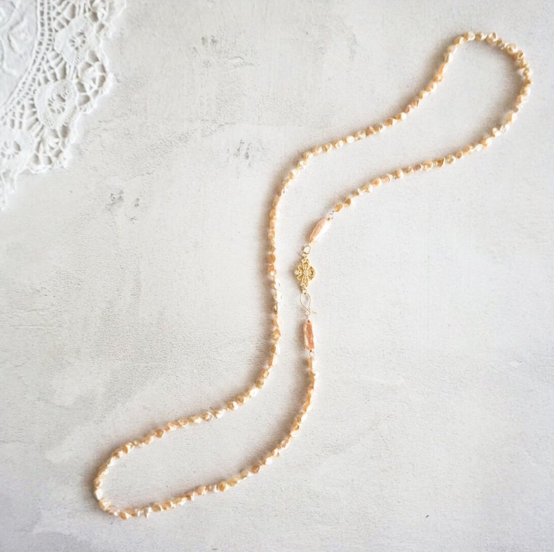 唐顿庄园孤品天然香槟色不规则珍珠蕾丝花牌古董长链毛衣链abheri - 长链 - 珍珠 