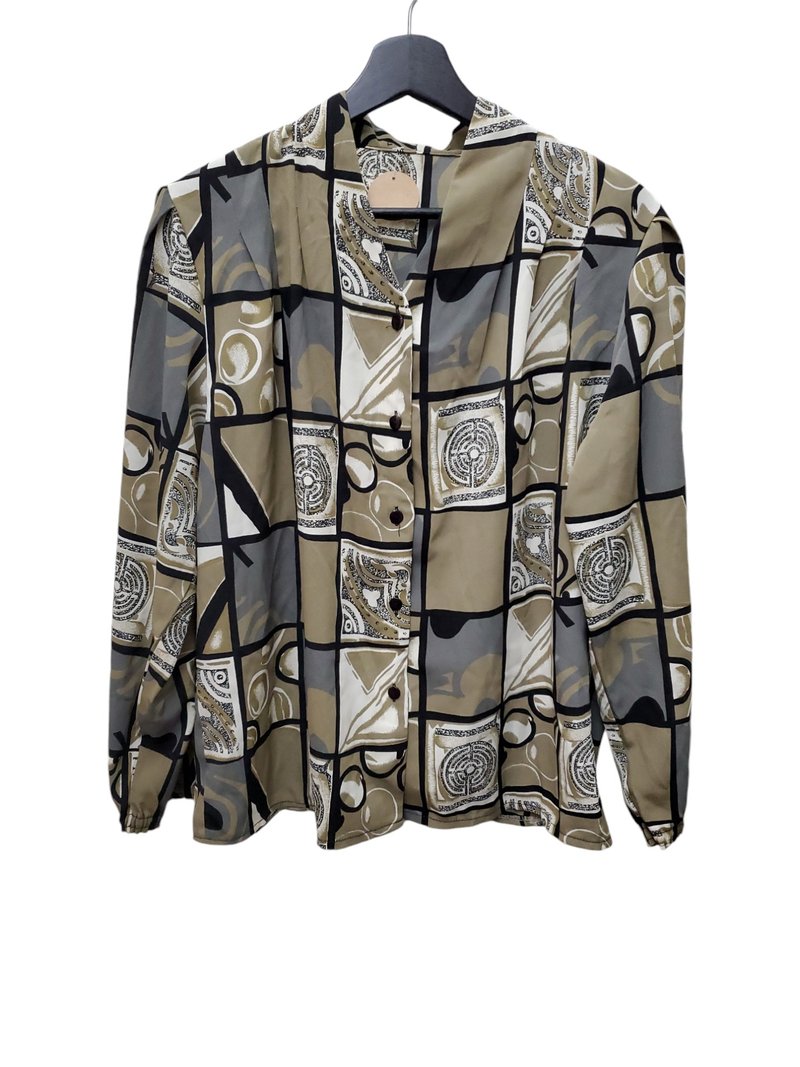 有礼貌穿搭 日本古着 V领 复古几何图腾 衬衫式外套 L号 近全新 - 女装衬衫 - 棉．麻 多色