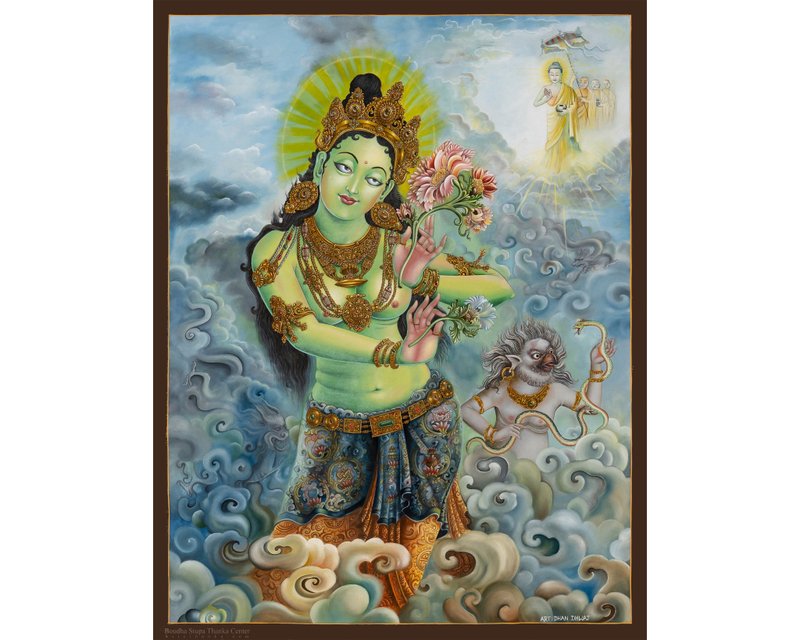 古董绿度母唐卡 - 启蒙的象征 - 墙贴/壁贴 - 其他材质 多色