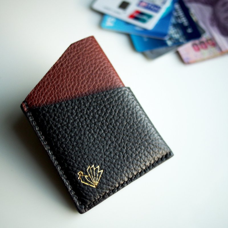 Handmade mini wallet two tone leather (black, brown) / card pouch / card holder - 皮夹/钱包 - 真皮 黑色