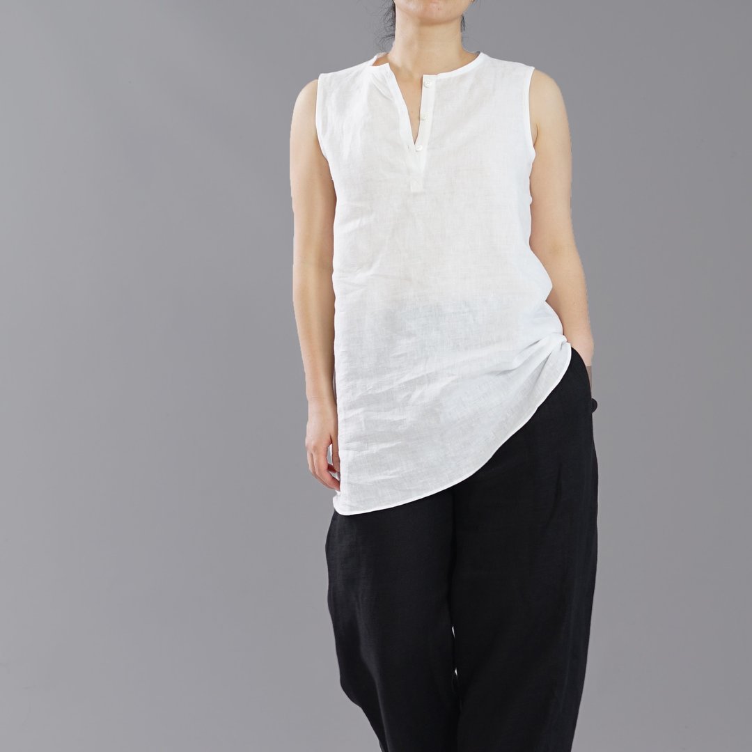 wafu --Flax spine Lightweight Linen Henry Neck Tank Top / White p011a-wht1 - 中性连帽卫衣/T 恤 - 亚麻 白色