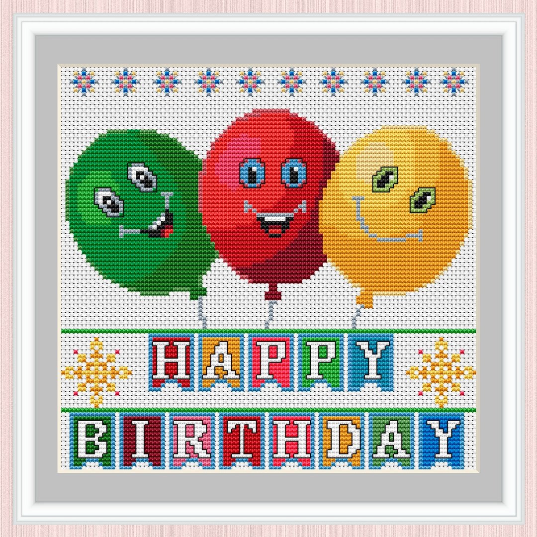 Happy Birthday Cross Stitch Pattern | Funny Birthday Balloons - 手工艺教程/工具书 - 其他材质 