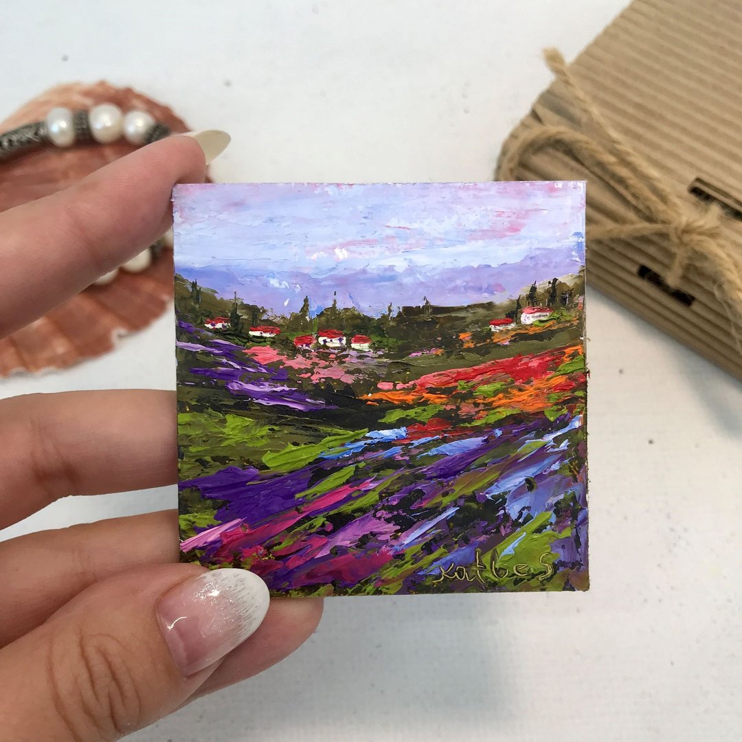 Oil painting original Lavender Tuscany miniature oil painting small Provence - 玩偶/公仔 - 纸 紫色
