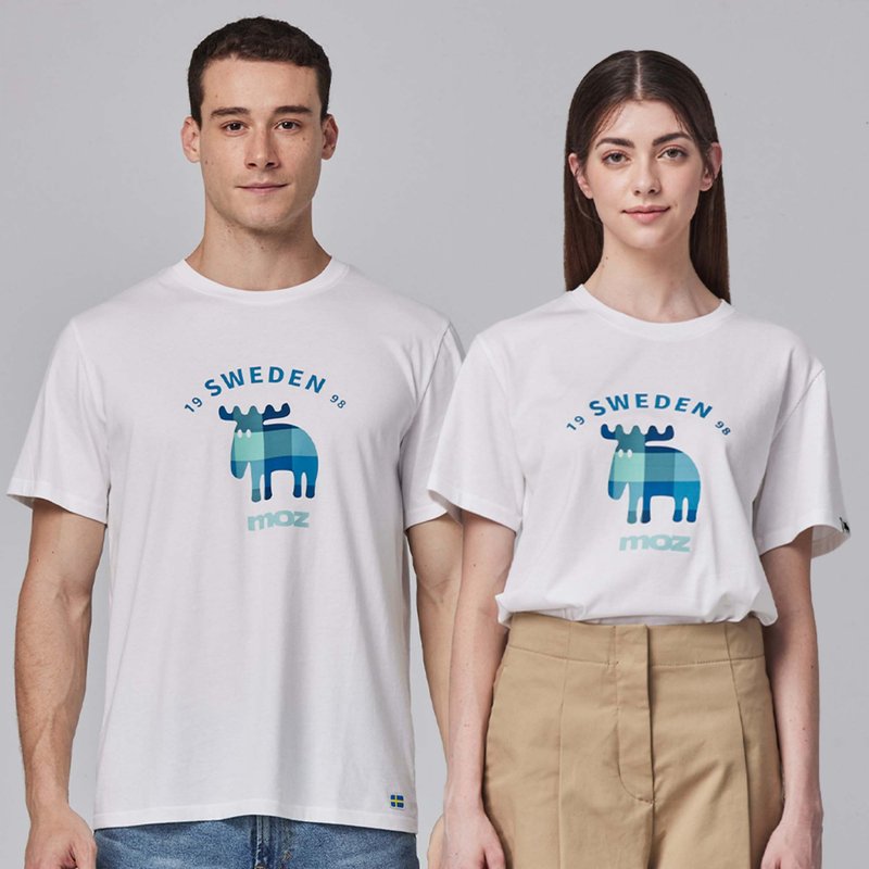 moz瑞典 格纹驼鹿 舒适柔棉 100%纯棉短T-经典白 男女共版 - 女装 T 恤 - 棉．麻 白色