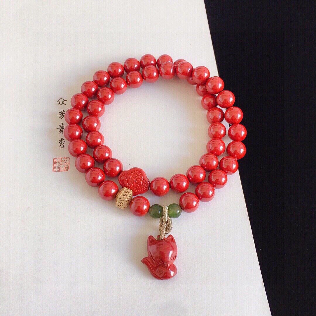 天然原矿朱砂 帝王砂狐狸手链 朱砂量95%以上 活血美容 防小人 - 手链/手环 - 宝石 