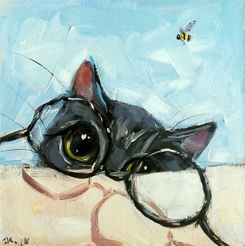 虎斑灰猫有趣的动物宠物肖像原创油画按订单制作 - 海报/装饰画/版画 - 其他材质 多色