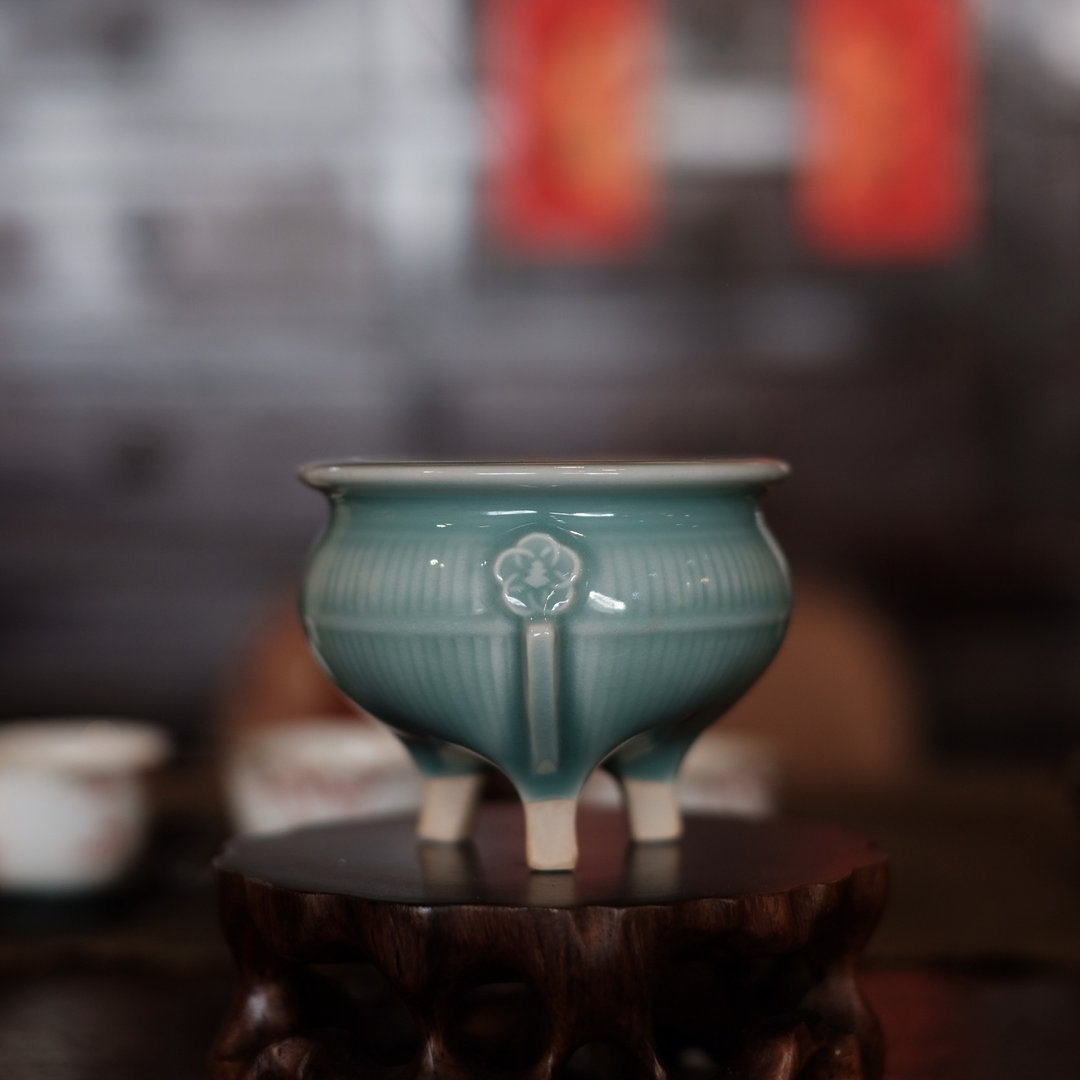 【日本古美术】京烧 青瓷线纹 鬲式炉 香炉 - 香薰/精油/线香 - 瓷 