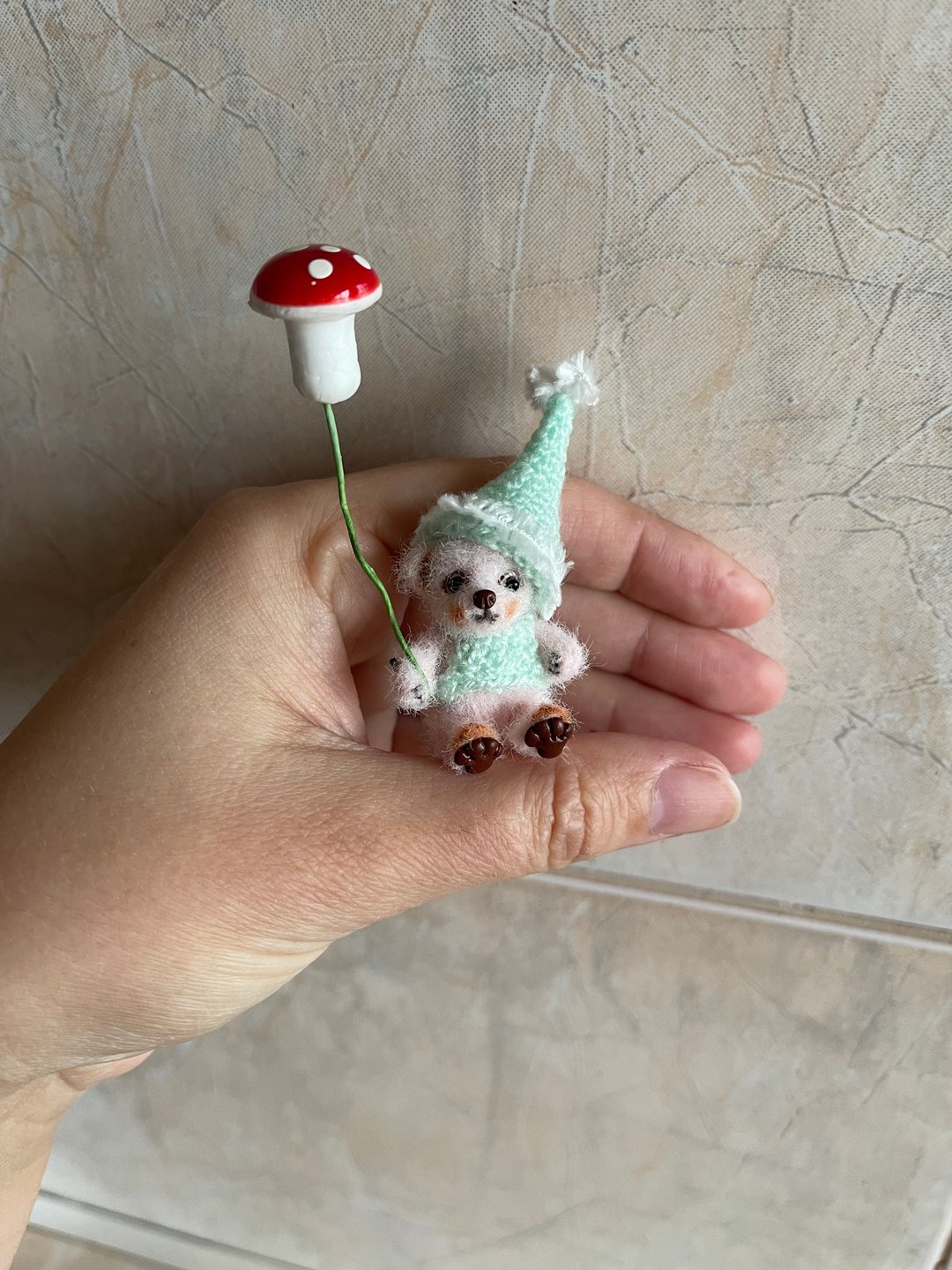 Miniature Teddy bear cub mini toy crochet ooak unique toy crochet small plush - 编织/刺绣/羊毛毡/裁缝 - 绣线 粉红色