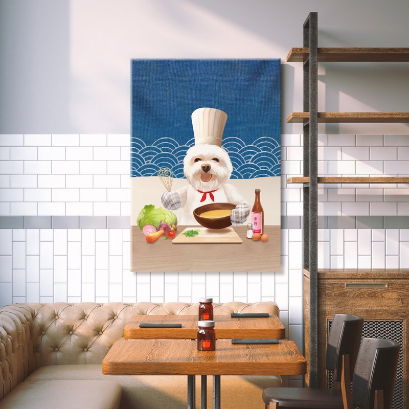 小主厨比熊狗狗艺术复制画 - 职人暖心疗愈插画 - 海报/装饰画/版画 - 其他材质 蓝色