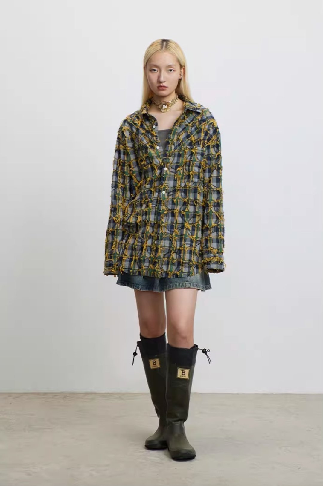 Patched Plaid Shirt 双面穿流苏拼接格子衬衫 - 女装衬衫 - 其他材质 黄色