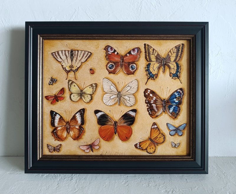蝴蝶标本风手绘油画 金色框 自然主题装饰 20×25厘米 - 墙贴/壁贴 - 木头 咖啡色