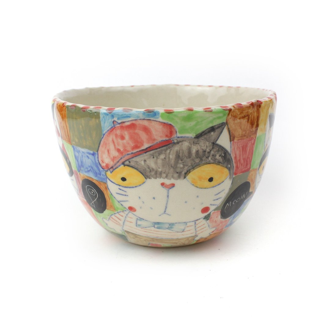 Nice Little Clay 手工面碗 帽子猫 0201-59 - 碗 - 陶 白色