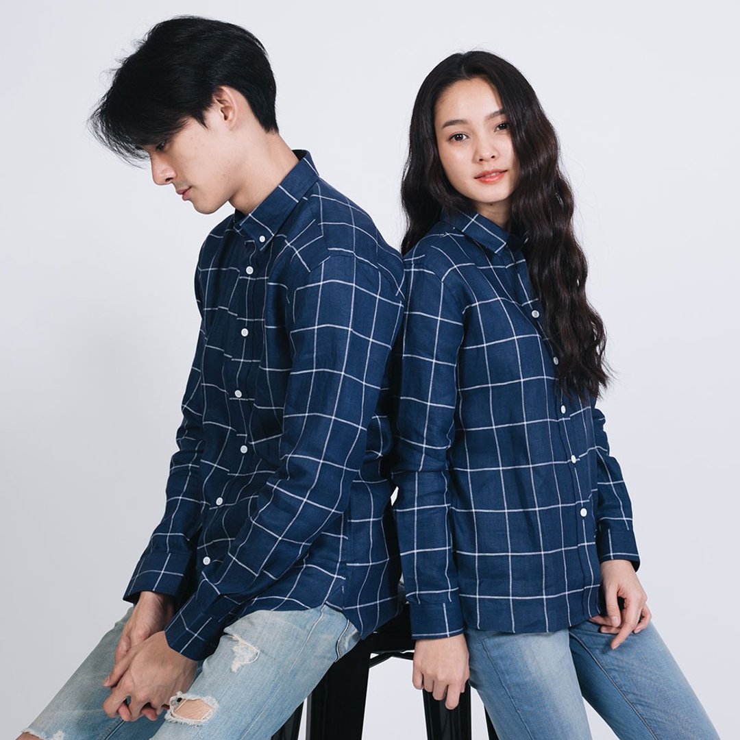 (SIZE S) PREMIUM // navy blue check  // women long sleeves - 女装衬衫 - 棉 蓝色