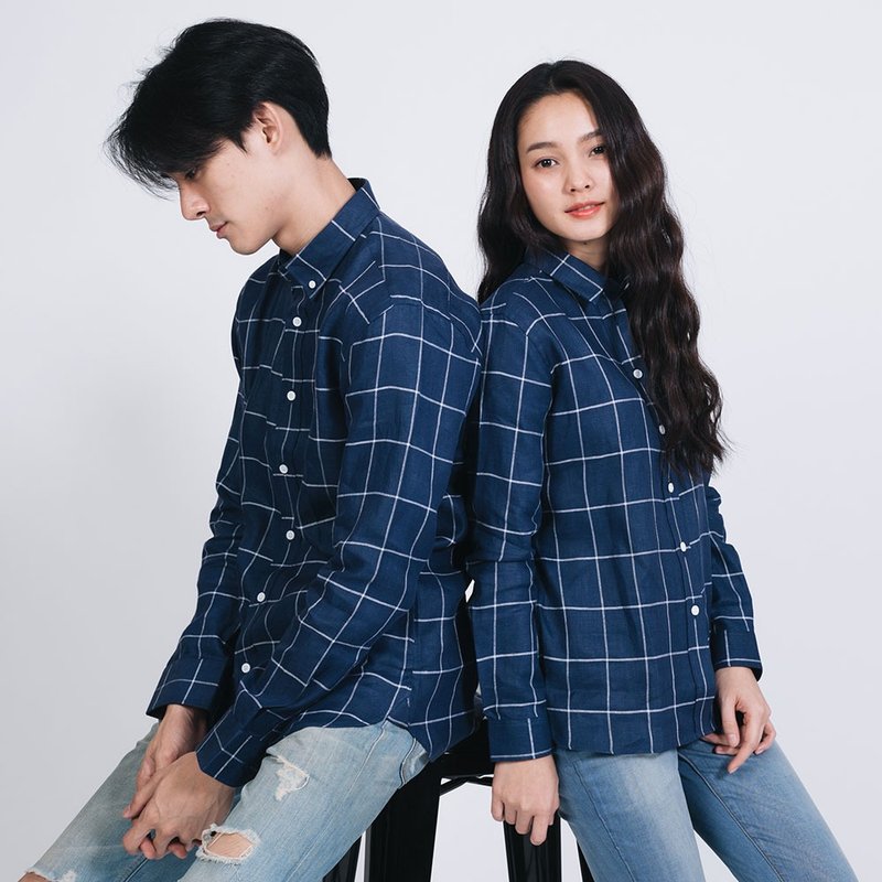 (SIZE S) PREMIUM // navy blue check  // women long sleeves - 女装衬衫 - 棉．麻 蓝色