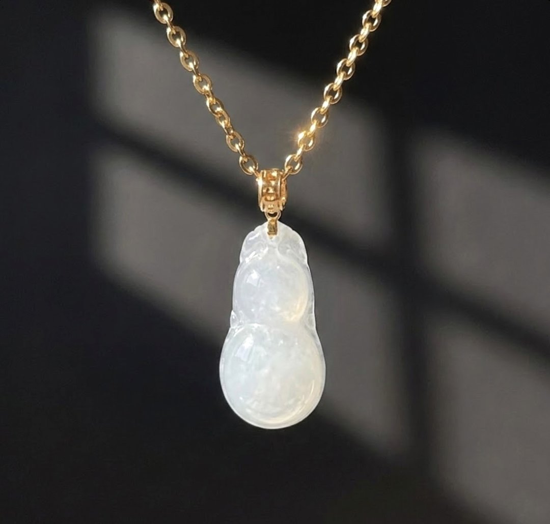 冰种翡翠葫芦项链 18K 金坠头 | 天然缅甸玉 A 货翡翠 | 送礼 - 项链 - 玉石 透明