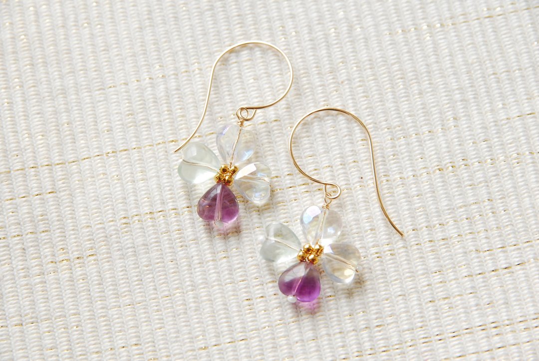 Fluorite Flower Earrings no.20 14kgf - 耳环/耳夹 - 半宝石 多色